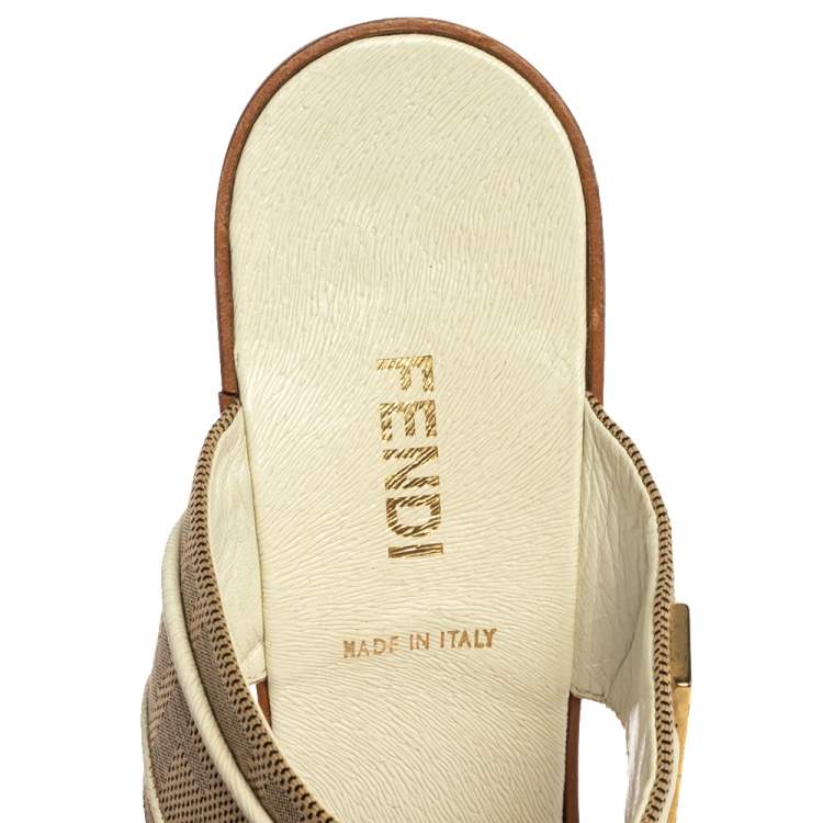 Pre Owned Fendi Beige FF Logo Canvas 'FENDI' Logo Embellished Slide Sandals Size 38.5