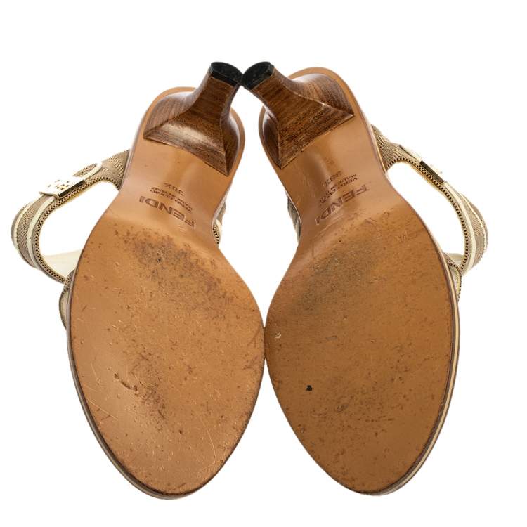 Pre Owned Fendi Beige FF Logo Canvas 'FENDI' Logo Embellished Slide Sandals Size 38.5