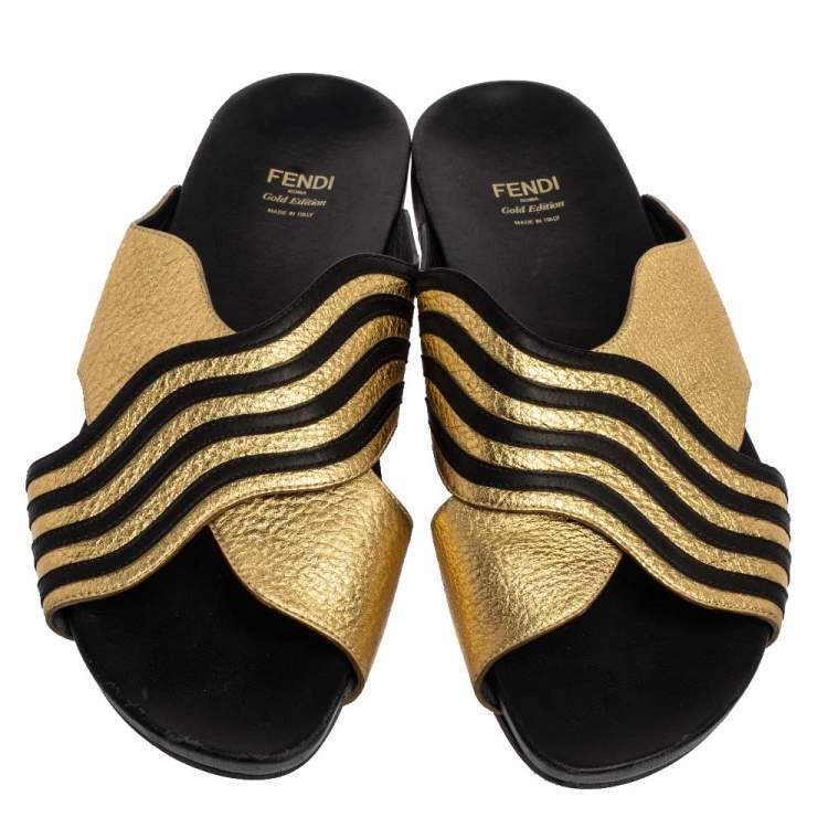 Pre Owned Fendi Gold Edition Black/Gold Leather Wave Pattern Flat Slides Size 39