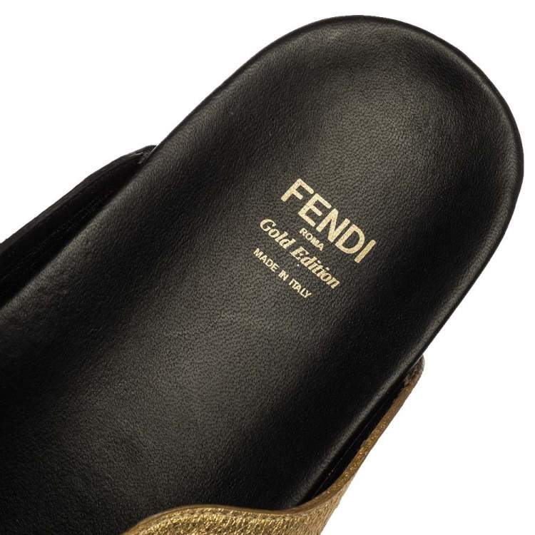 Pre Owned Fendi Gold Edition Black/Gold Leather Wave Pattern Flat Slides Size 39