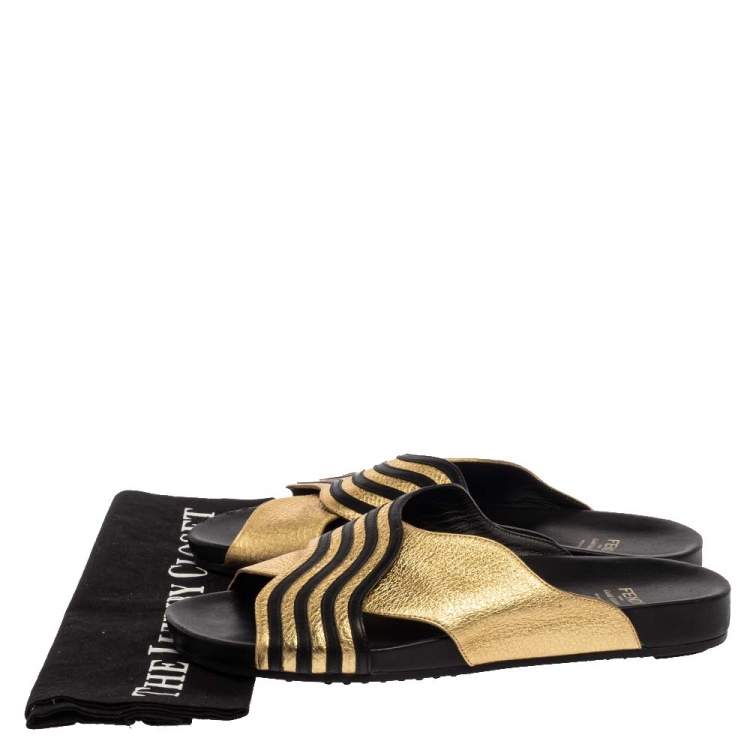 Pre Owned Fendi Gold Edition Black/Gold Leather Wave Pattern Flat Slides Size 39