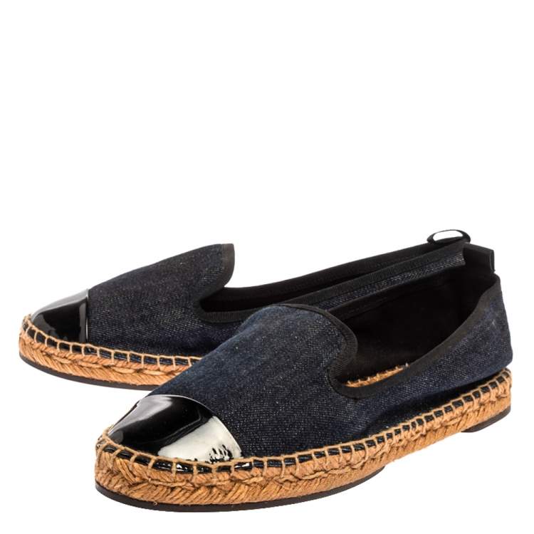 Pre Owned Fendi Indigo Dark Blue Denim Junia Patent Leather Cap Toe Espadrilles Size 37.5