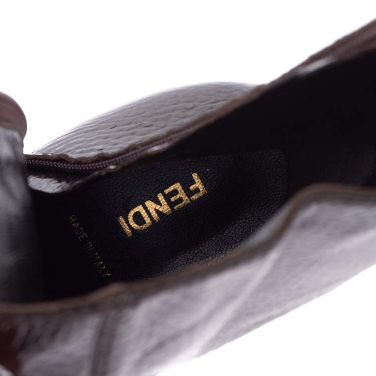 Pre Owned Fendi Dark Brown Patent Leather Mid Length Boots Size 40.5
