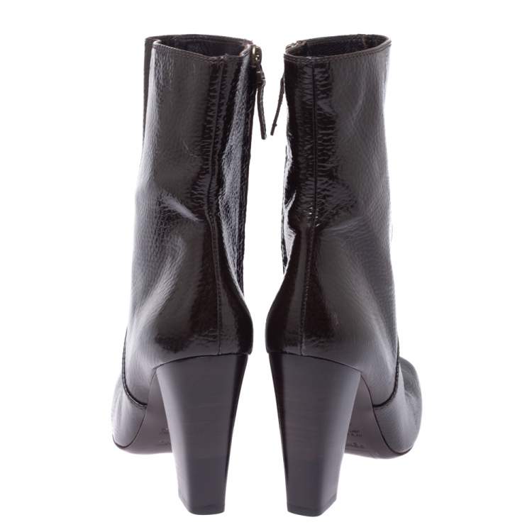 Pre Owned Fendi Dark Brown Patent Leather Mid Length Boots Size 40.5