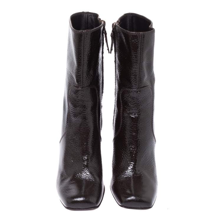 Pre Owned Fendi Dark Brown Patent Leather Mid Length Boots Size 40.5