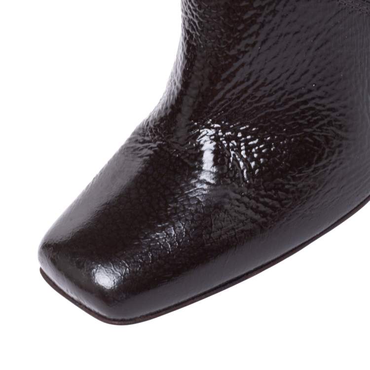Pre Owned Fendi Dark Brown Patent Leather Mid Length Boots Size 40.5
