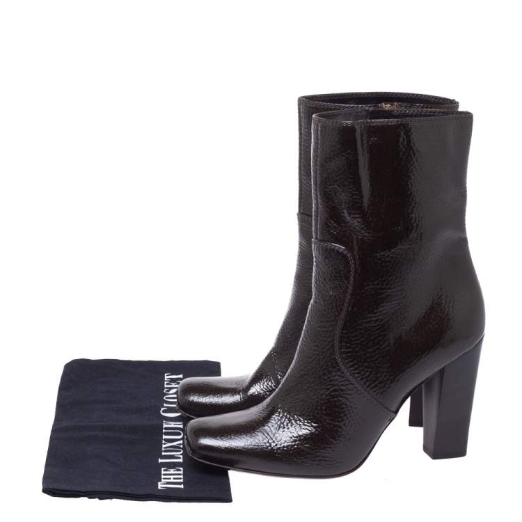 Pre Owned Fendi Dark Brown Patent Leather Mid Length Boots Size 40.5
