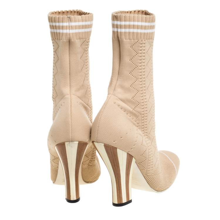 Pre Owned Fendi Beige Knit Fabric Rockoko Runway Openwork Ankle Boots Size 37