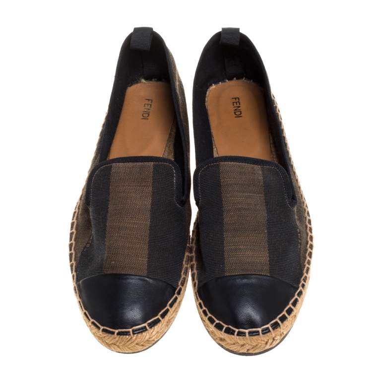 Pre Owned Fendi Black/Brown Pequin Stripe Canvas Junia Cap Toe Espadrilles Size 39