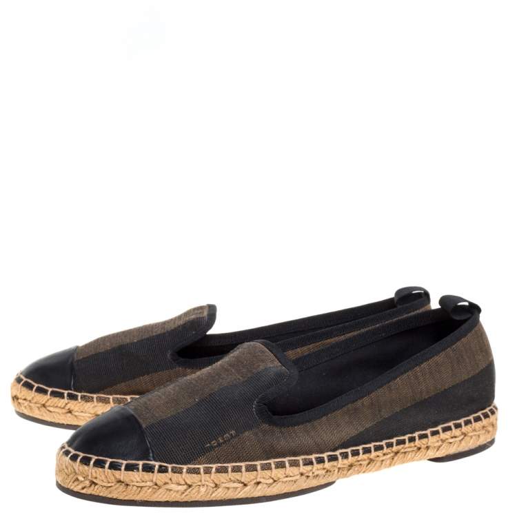 Pre Owned Fendi Black/Brown Pequin Stripe Canvas Junia Cap Toe Espadrilles Size 39