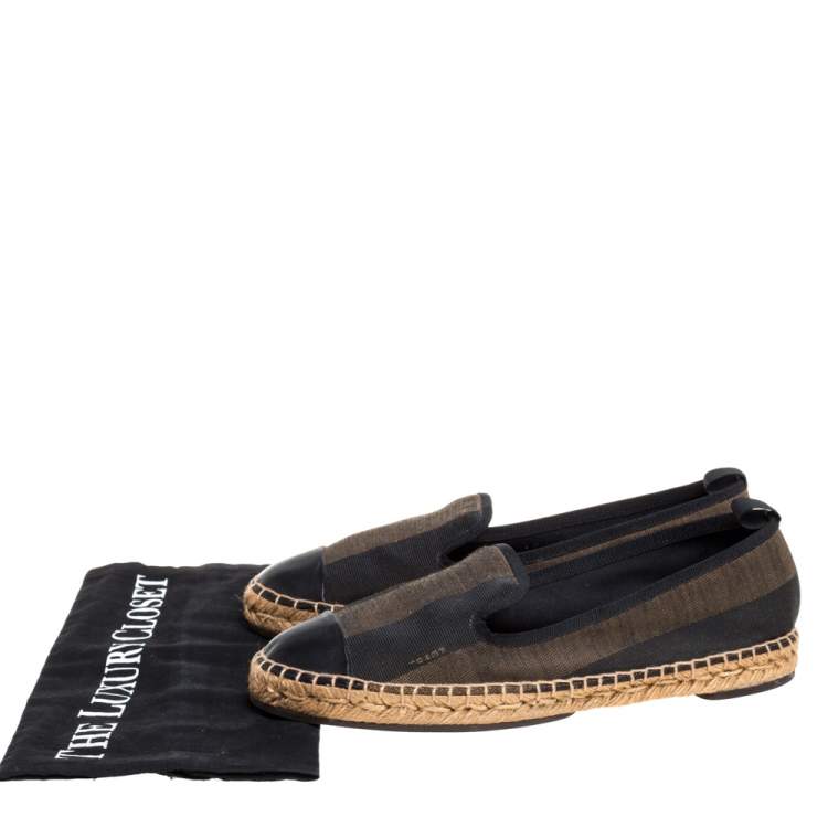 Pre Owned Fendi Black/Brown Pequin Stripe Canvas Junia Cap Toe Espadrilles Size 39