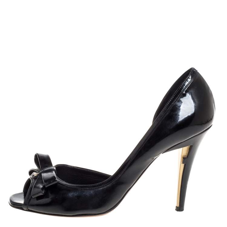 Pre Owned Fendi Black Patent Leather Peep Toe Bow Pumps Size 39