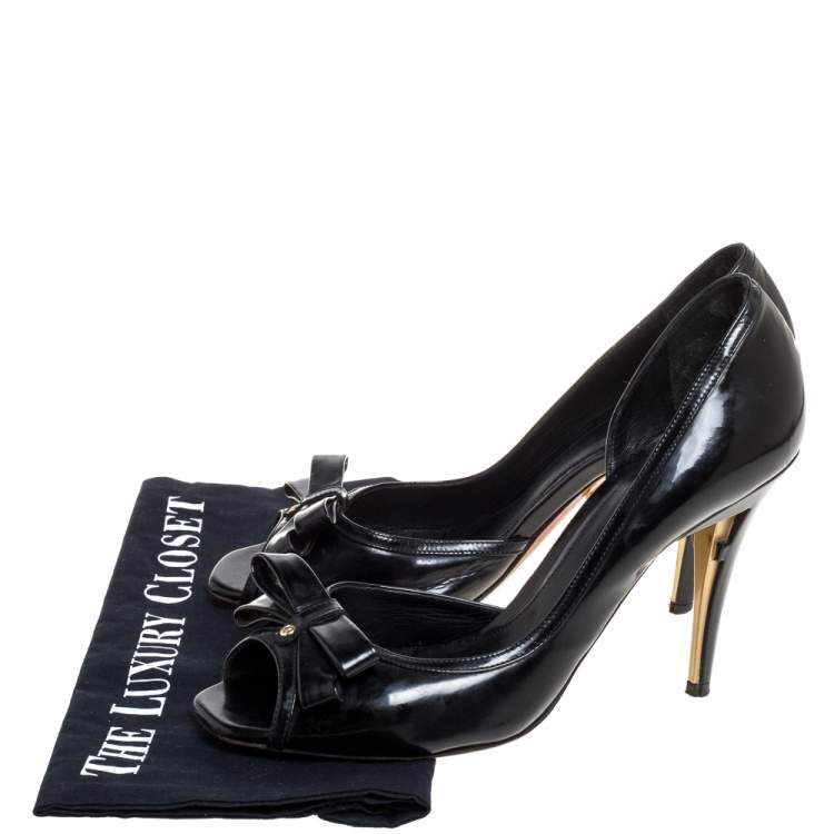 Pre Owned Fendi Black Patent Leather Peep Toe Bow Pumps Size 39