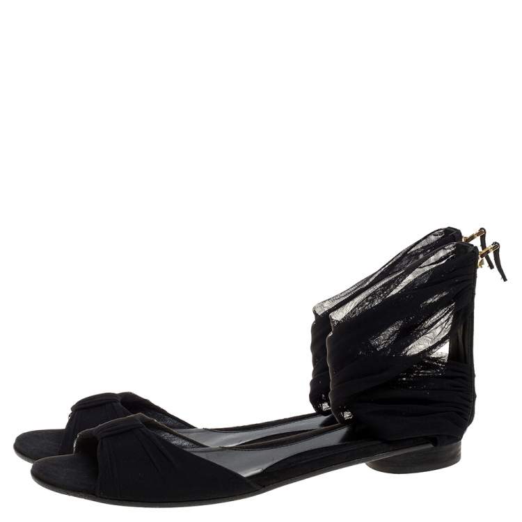 Pre Owned Fendi Black Mesh and Suede Bow Open Toe Flat Sandals Size 39.5