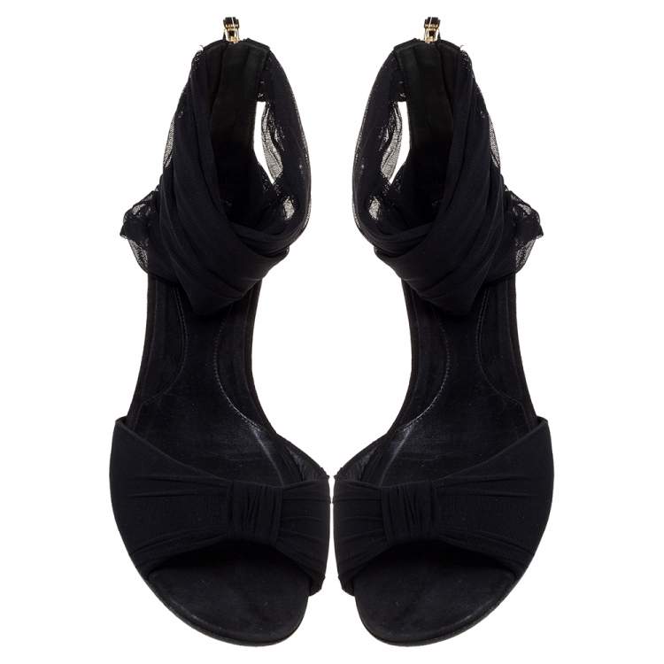 Pre Owned Fendi Black Mesh and Suede Bow Open Toe Flat Sandals Size 39.5