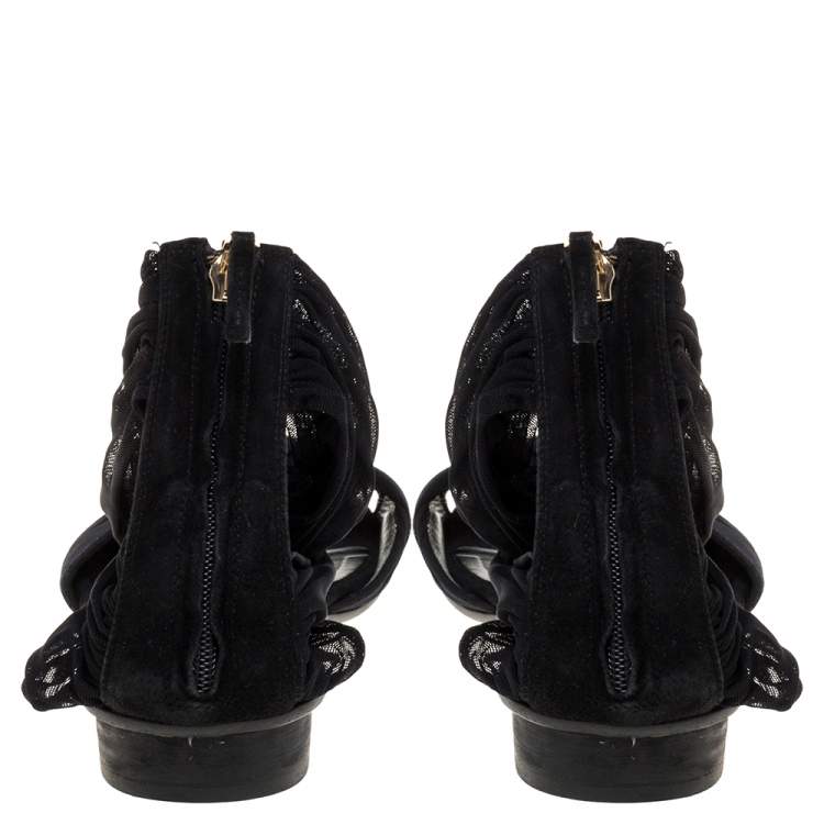 Pre Owned Fendi Black Mesh and Suede Bow Open Toe Flat Sandals Size 39.5
