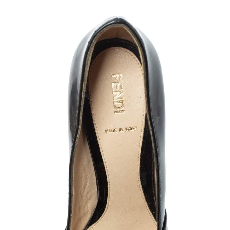 Pre Owned Fendi Black Patent Leather Bow Peep Toe Platform Pumps Size 38