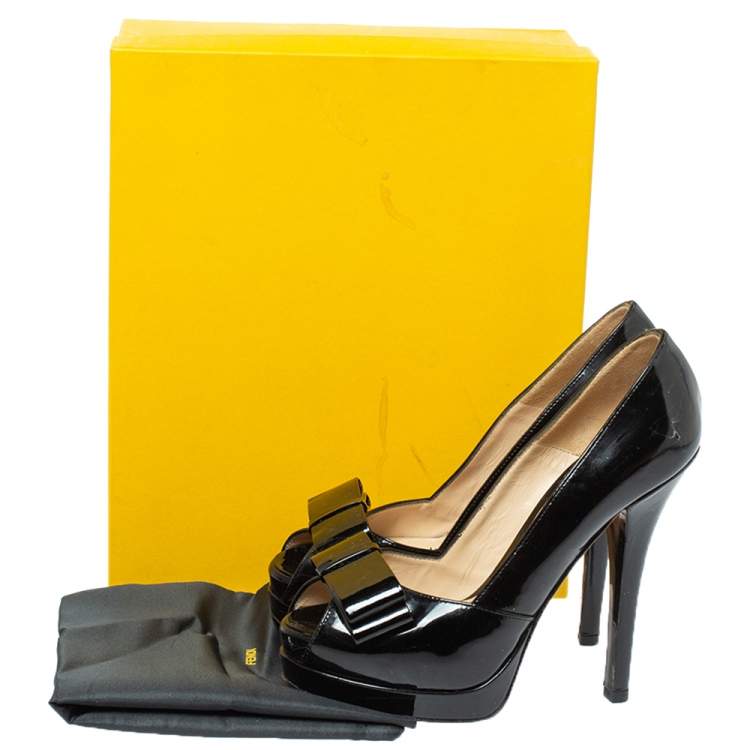 Pre Owned Fendi Black Patent Leather Bow Peep Toe Platform Pumps Size 38