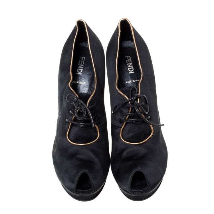 Pre Owned Fendi Black Satin Platform Peep Toe Lace Up Ankle Booties Size 37