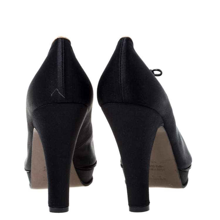 Pre Owned Fendi Black Satin Platform Peep Toe Lace Up Ankle Booties Size 37