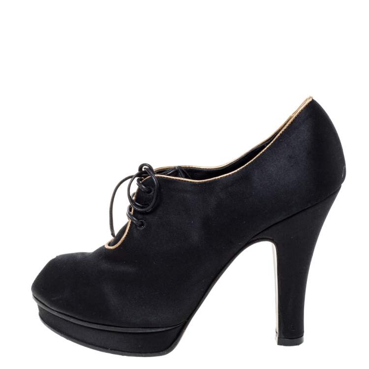 Pre Owned Fendi Black Satin Platform Peep Toe Lace Up Ankle Booties Size 37
