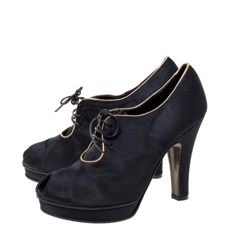 Pre Owned Fendi Black Satin Platform Peep Toe Lace Up Ankle Booties Size 37