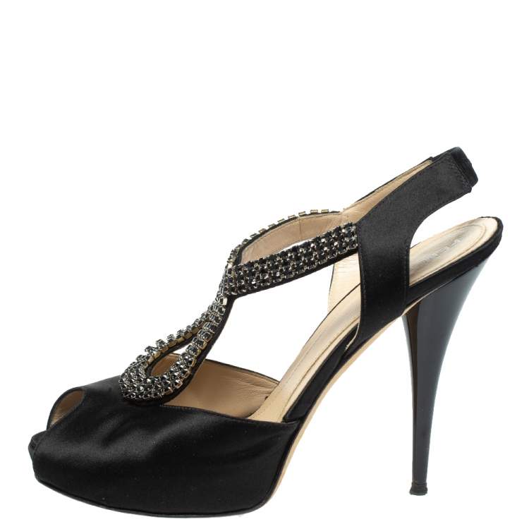 Pre Owned Fendi Black Satin Crystal Embellished Slingback Platform Sandals Size 39