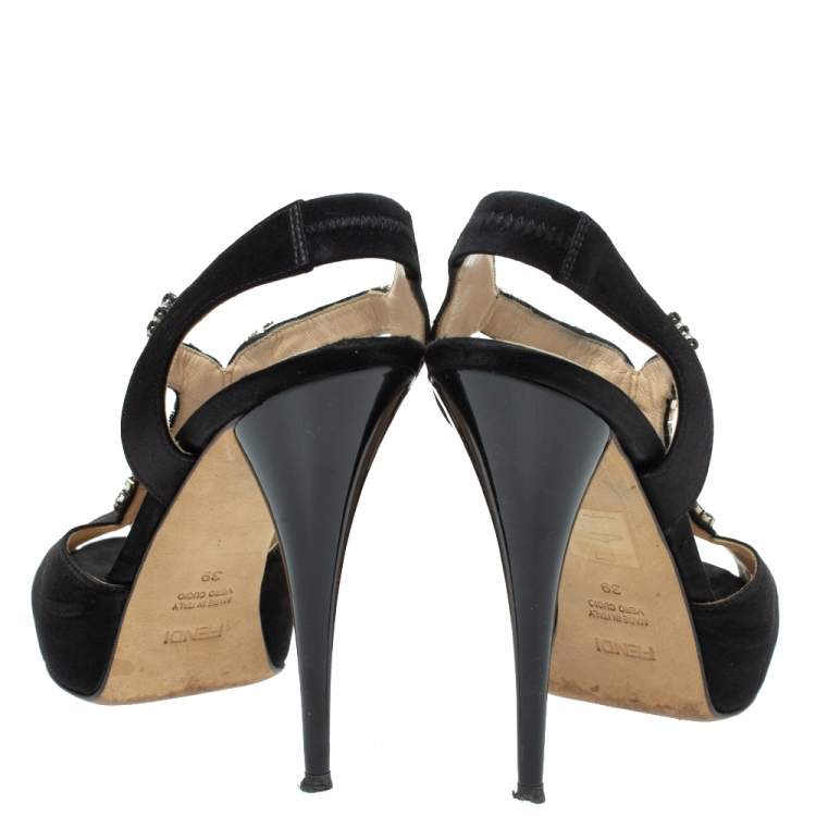 Pre Owned Fendi Black Satin Crystal Embellished Slingback Platform Sandals Size 39