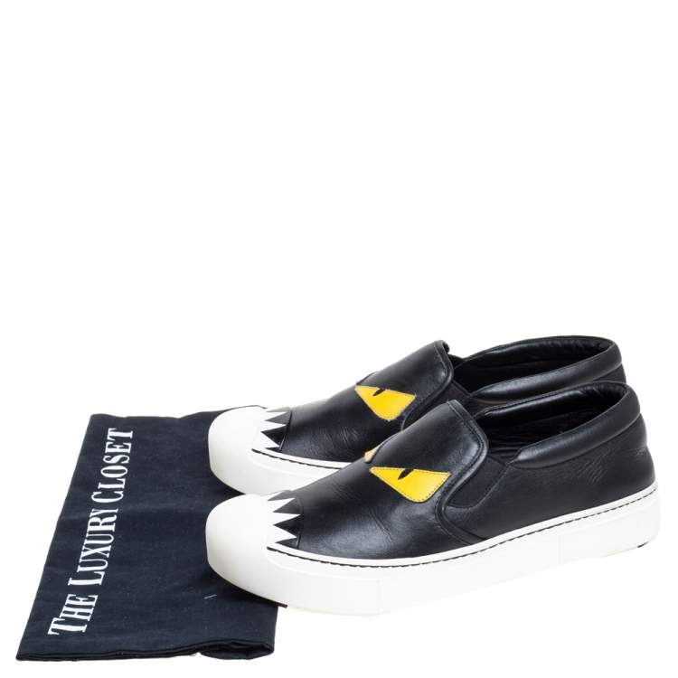 Pre Owned Fendi Black Leather Monster Slip On Sneakers Size 37.5
