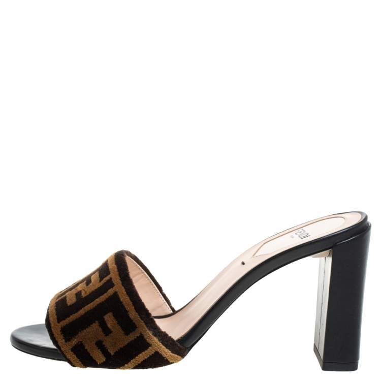 Pre Owned Fendi Brown Zucca Velvet Slide Sandals Size 36