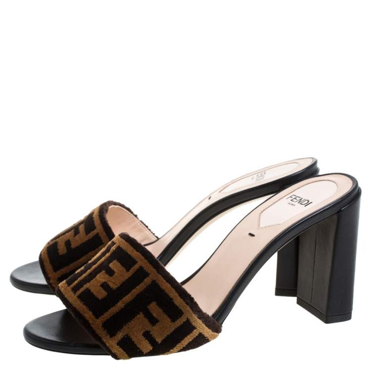 Pre Owned Fendi Brown Zucca Velvet Slide Sandals Size 36