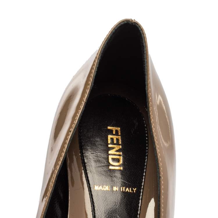 Pre Owned Fendi Dark Beige Patent Leather Bow Ballet Flats Size 37.5