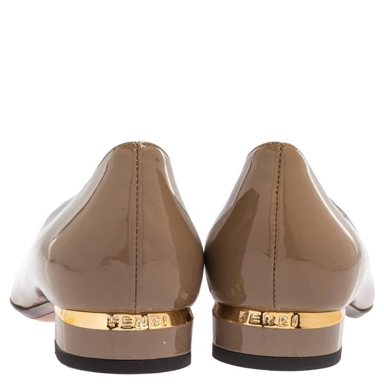 Pre Owned Fendi Dark Beige Patent Leather Bow Ballet Flats Size 37.5