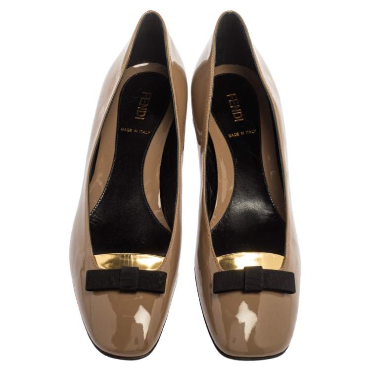 Pre Owned Fendi Dark Beige Patent Leather Bow Ballet Flats Size 37.5