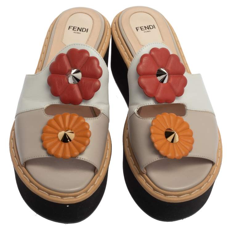 Pre Owned Fendi Tri Color Leather Flowerland Runway Platform Slide Sandals Size 37