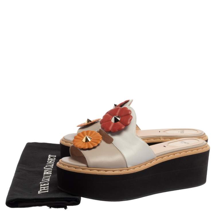 Pre Owned Fendi Tri Color Leather Flowerland Runway Platform Slide Sandals Size 37