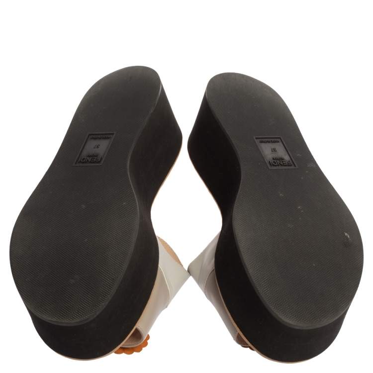 Pre Owned Fendi Tri Color Leather Flowerland Runway Platform Slide Sandals Size 37