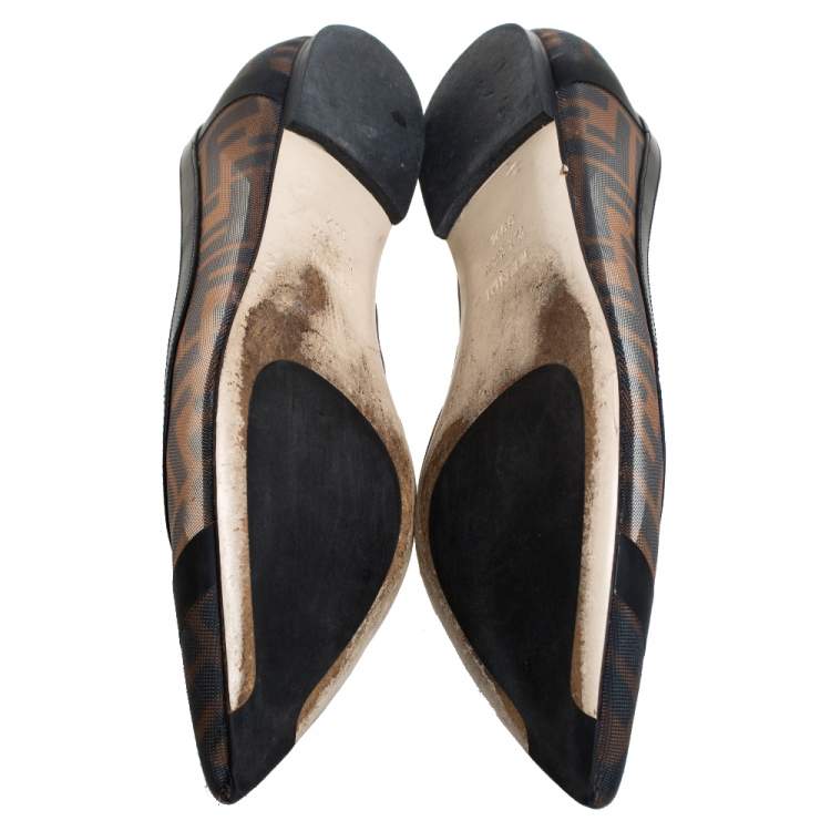 Pre Owned Fendi Brown/Black Zucca Mesh And Leather Trim Colibrì Pointed Toe Ballet Flats Size 39.5