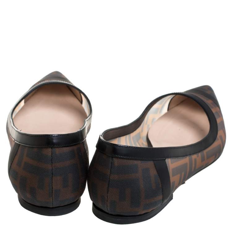 Pre Owned Fendi Brown/Black Zucca Mesh And Leather Trim Colibrì Pointed Toe Ballet Flats Size 39.5