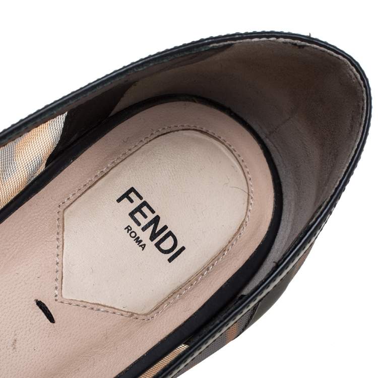 Pre Owned Fendi Brown/Black Zucca Mesh And Leather Trim Colibrì Pointed Toe Ballet Flats Size 39.5