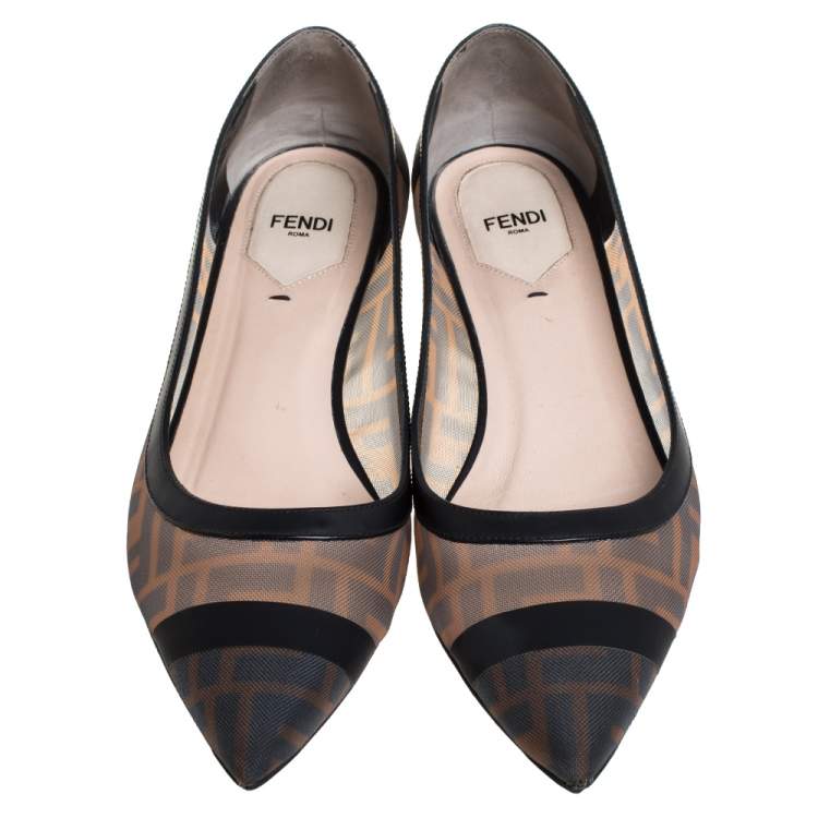 Pre Owned Fendi Brown/Black Zucca Mesh And Leather Trim Colibrì Pointed Toe Ballet Flats Size 39.5
