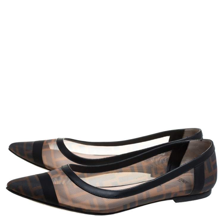 Pre Owned Fendi Brown/Black Zucca Mesh And Leather Trim Colibrì Pointed Toe Ballet Flats Size 39.5