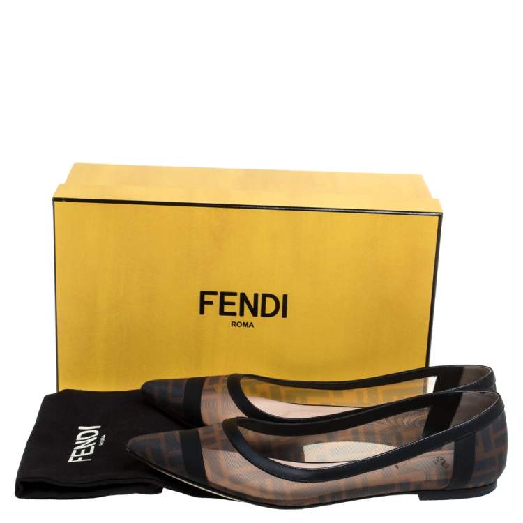 Pre Owned Fendi Brown/Black Zucca Mesh And Leather Trim Colibrì Pointed Toe Ballet Flats Size 39.5