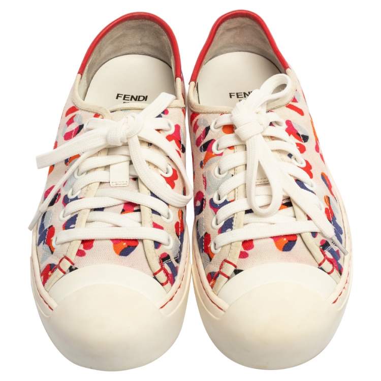 Pre Owned Fendi Multicolor Logo Printed Canvas Lace Low Top Sneakers Size 37
