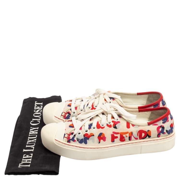 Pre Owned Fendi Multicolor Logo Printed Canvas Lace Low Top Sneakers Size 37