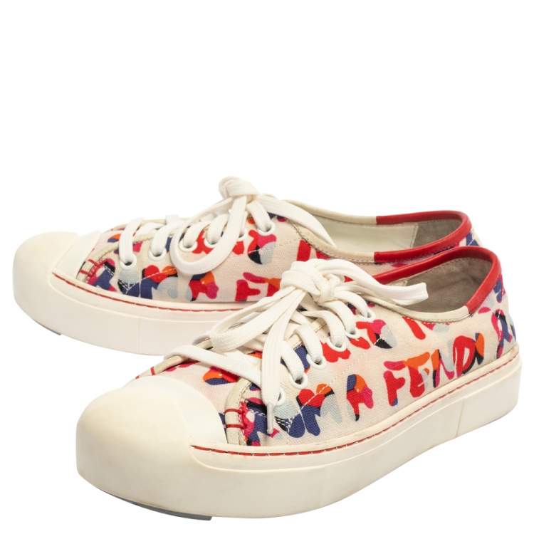 Pre Owned Fendi Multicolor Logo Printed Canvas Lace Low Top Sneakers Size 37