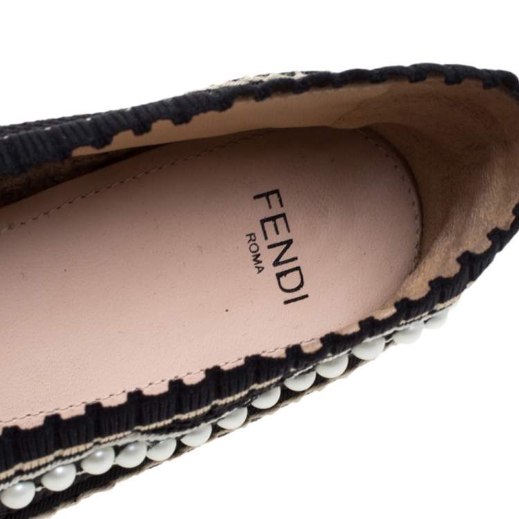 Pre Owned Fendi Black/Beige Knit Fabric Pearl Embellished Espadrilles Flats Size 37.5