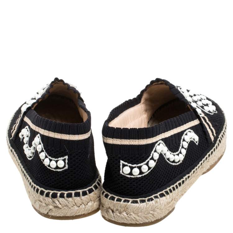 Pre Owned Fendi Black/Beige Knit Fabric Pearl Embellished Espadrilles Flats Size 37.5