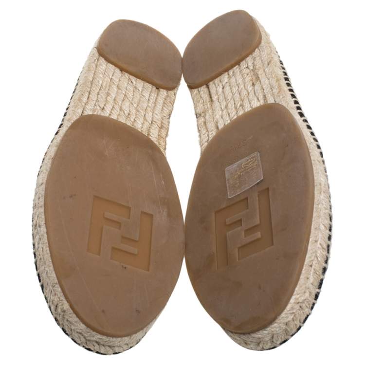Pre Owned Fendi Black/Beige Knit Fabric Pearl Embellished Espadrilles Flats Size 37.5