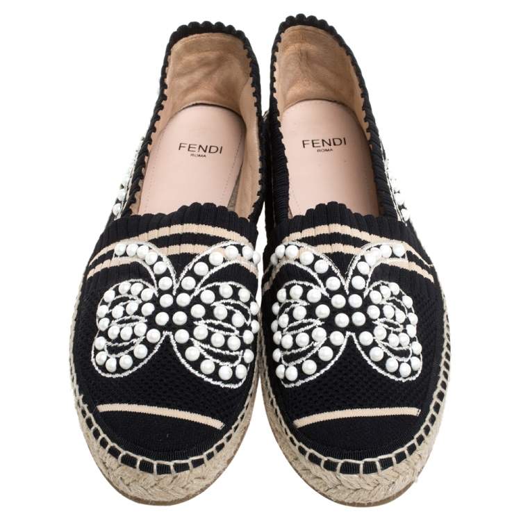 Pre Owned Fendi Black/Beige Knit Fabric Pearl Embellished Espadrilles Flats Size 37.5
